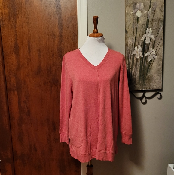 Soft Surroundings Knit Top Large Pink Pockets Vneck